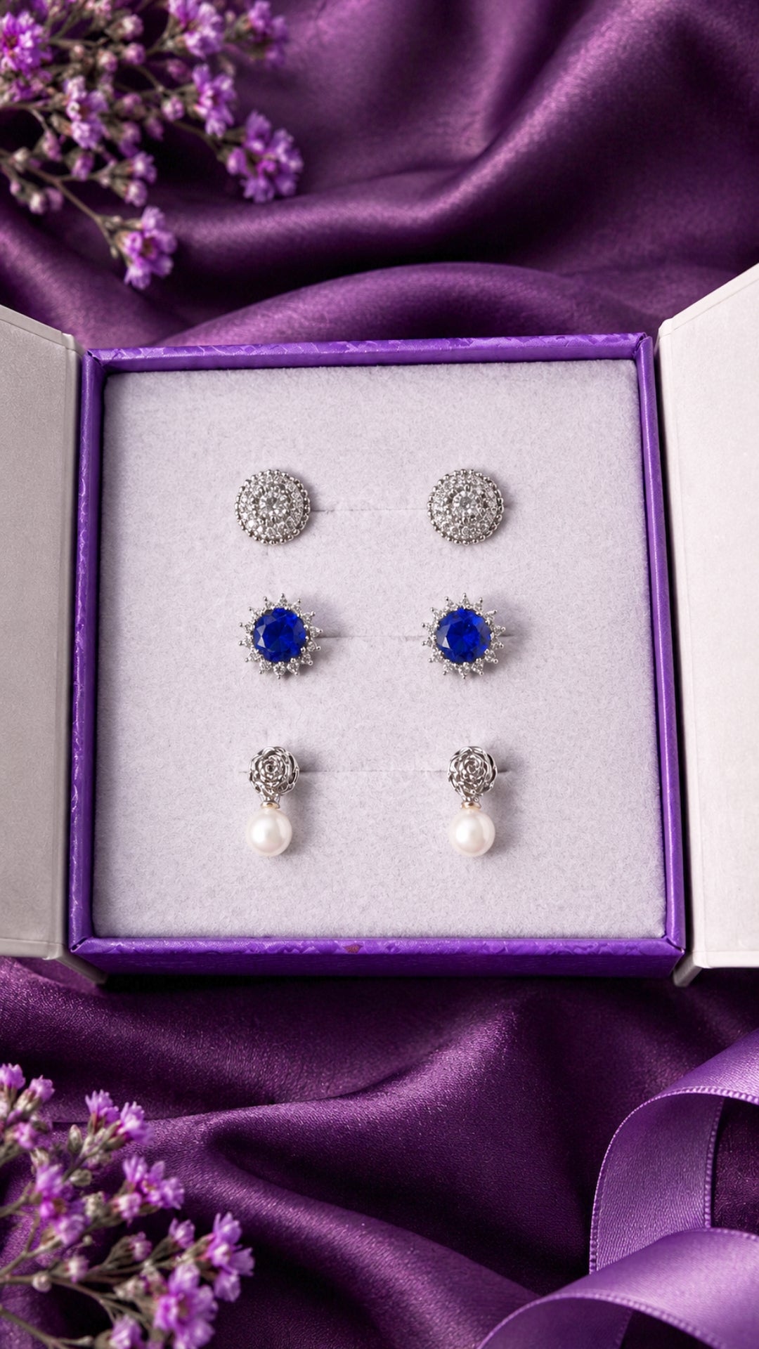 Silver Romance earring set — all three pairs of 925 sterling silver tops with Luné stone and freshwater pearl — Nuqrah Pakistan