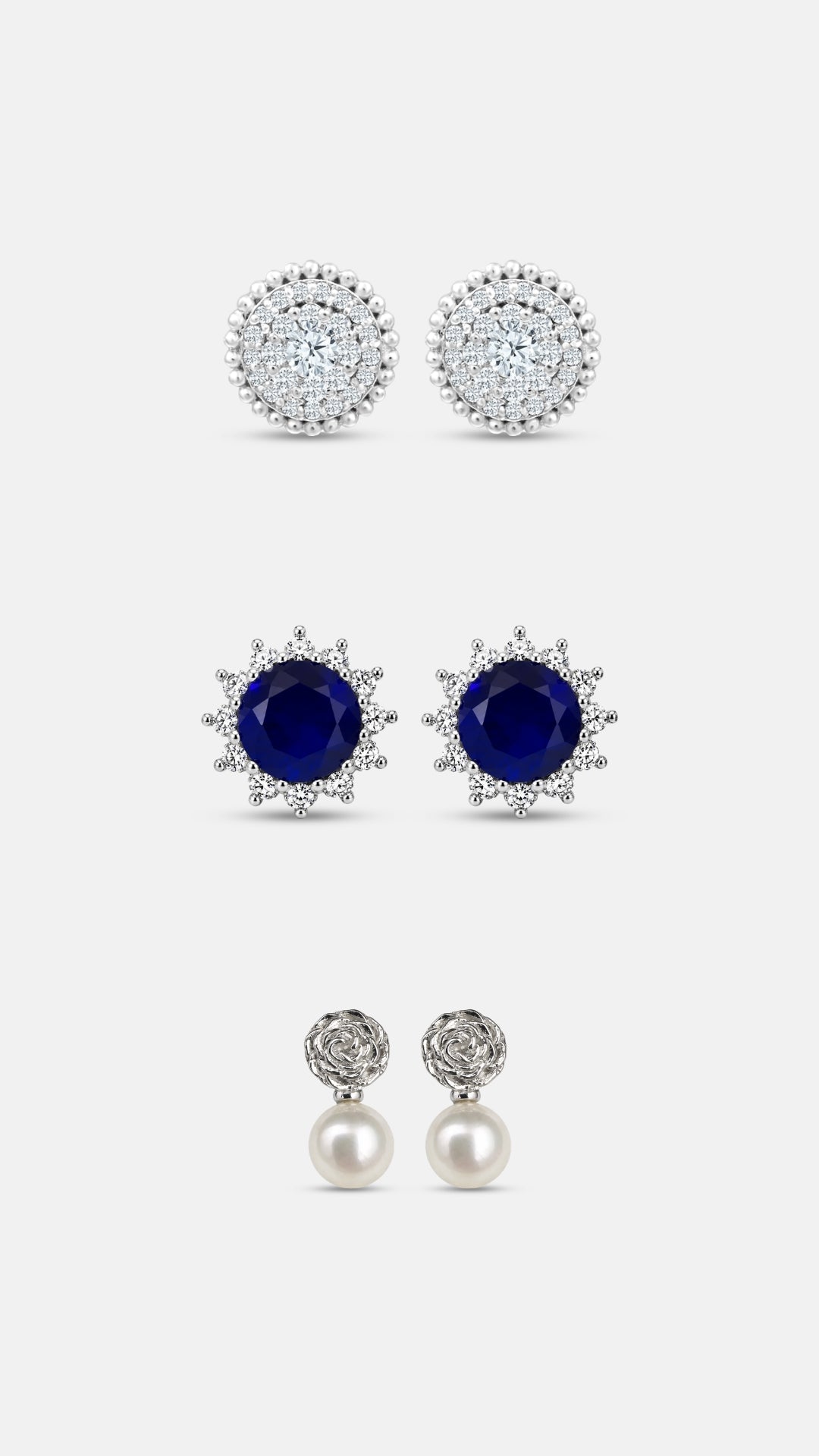 Silver Romance earring set — Luné Tops, Zircon Silver Studs and Enchanted Rose pearl tops together in 925 sterling silver — Nuqrah Pakistan
