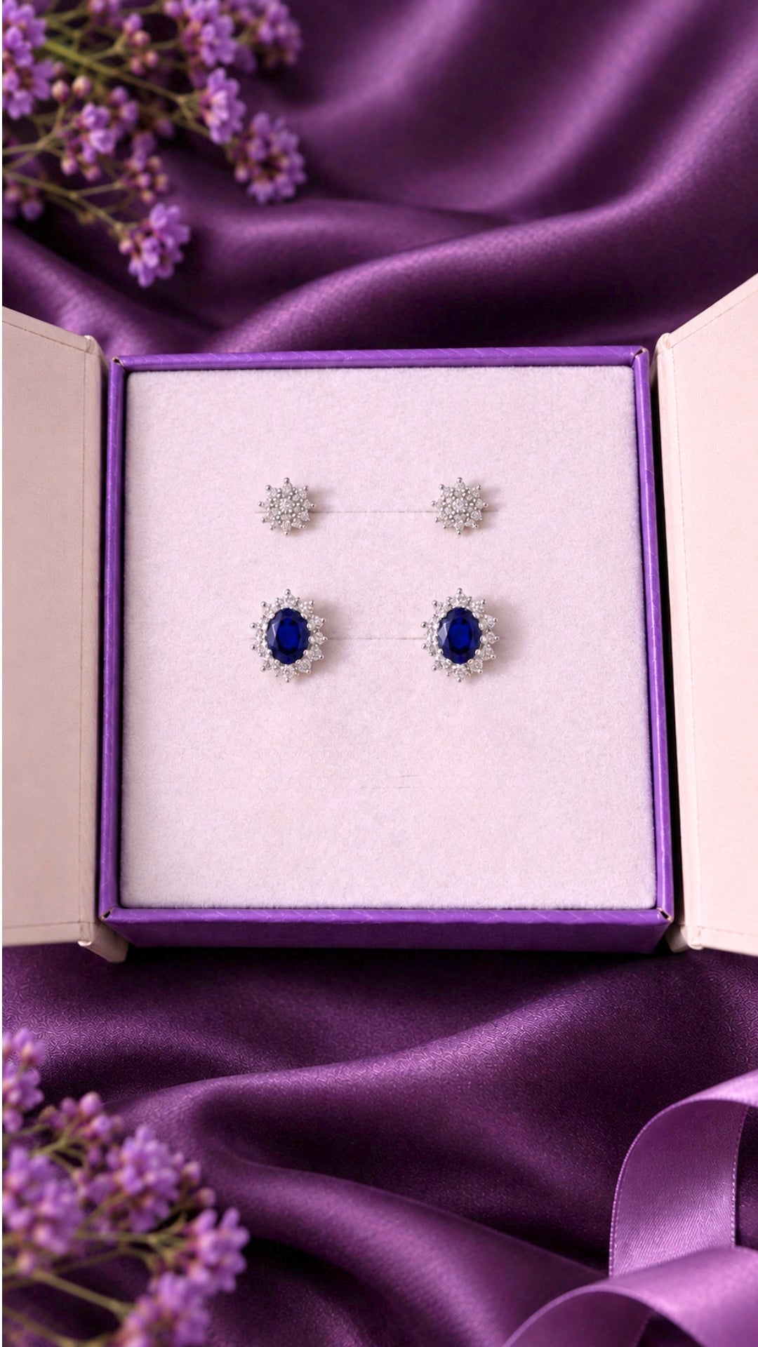 Midnight Duo earring set — both pairs of 925 sterling silver tops, Lume sapphire and Lia zircon — Nuqrah Pakistan