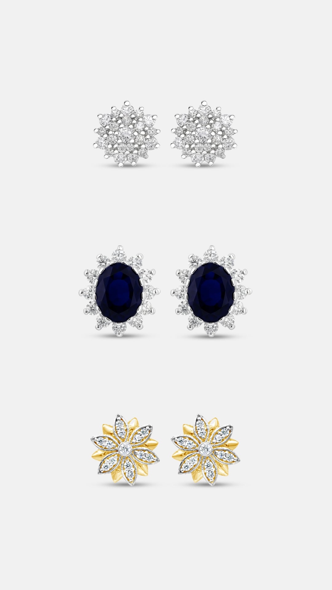 Main Character Charm earring set — Lia Zircon, Lume sapphire and Lotus tops together in 925 sterling silver — Nuqrah Pakistan
