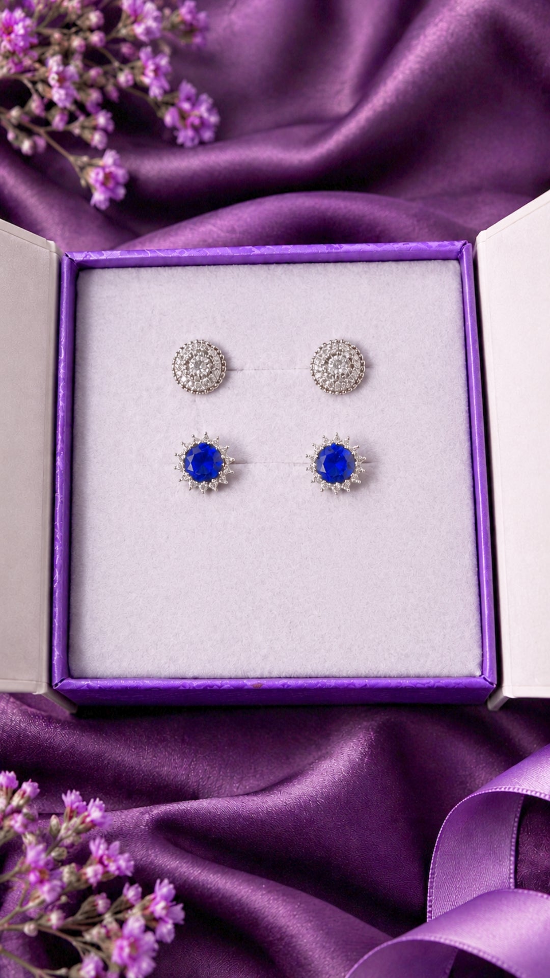 Quiet Glow earring set — both pairs of 925 sterling silver tops, zircon studs and Luné stone tops — Nuqrah Pakistan