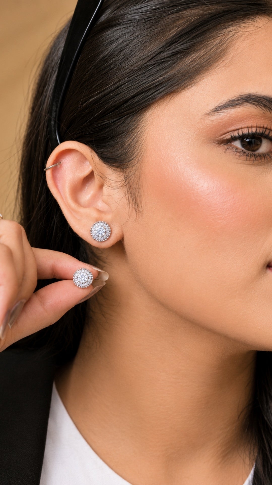 Zircon Silver Studs from the Silver Romance set, worn on the ear