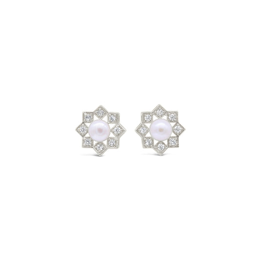 Pair of silver  925 earrings with pearl center on a white background