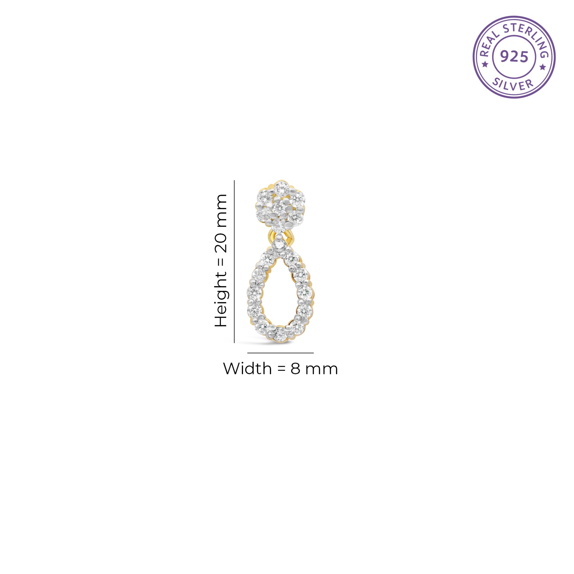 Gold teardrop silver earring with measurements on a white background