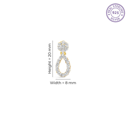 Gold teardrop silver earring with measurements on a white background